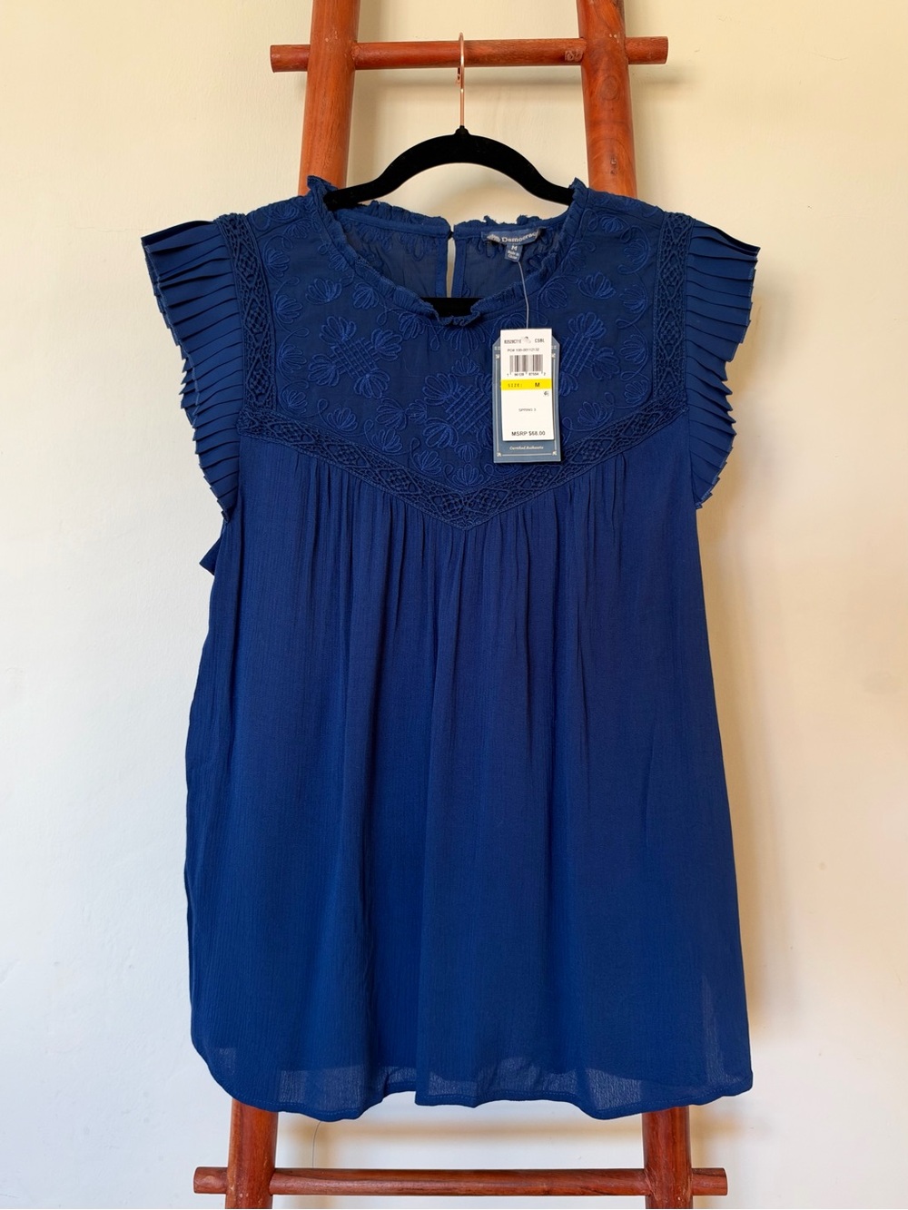Democracy Embroidered Flutter Sleeve Top - Navy Blue (NWT, Size M)